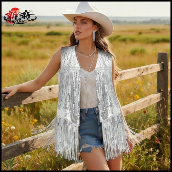 70s Hippie Disco Glam Cowgirl Costume Set with Felt Hat and Polyester Vest 60s 70s Outfits Women Disco Hippie Costume Clothes Cowgirl  main image 2